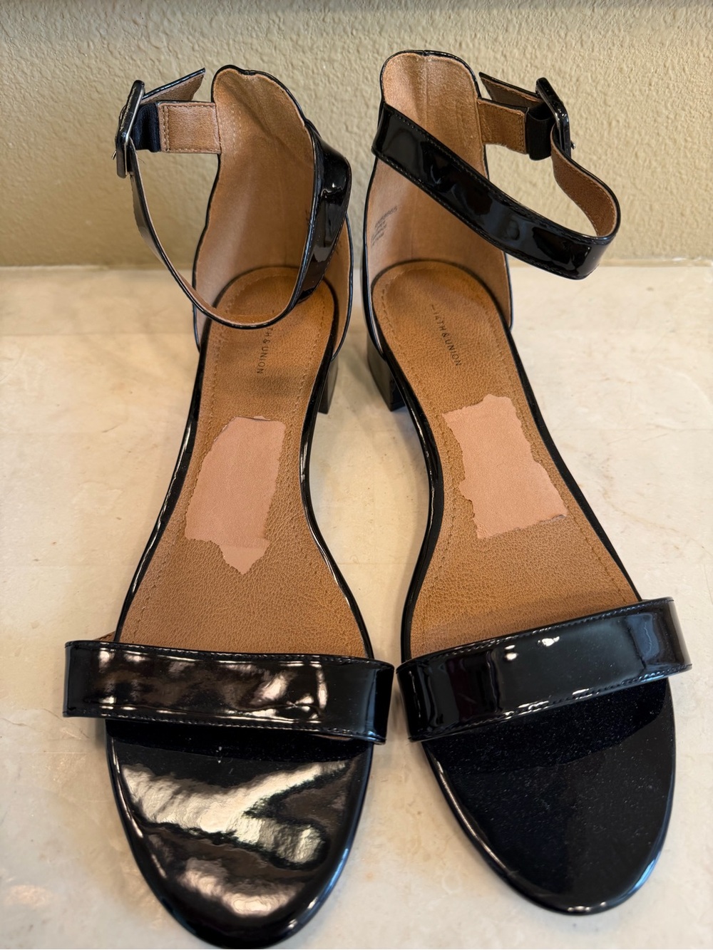 14th & Union Black Patent Ankle-Strap Low Block Heel Sandals